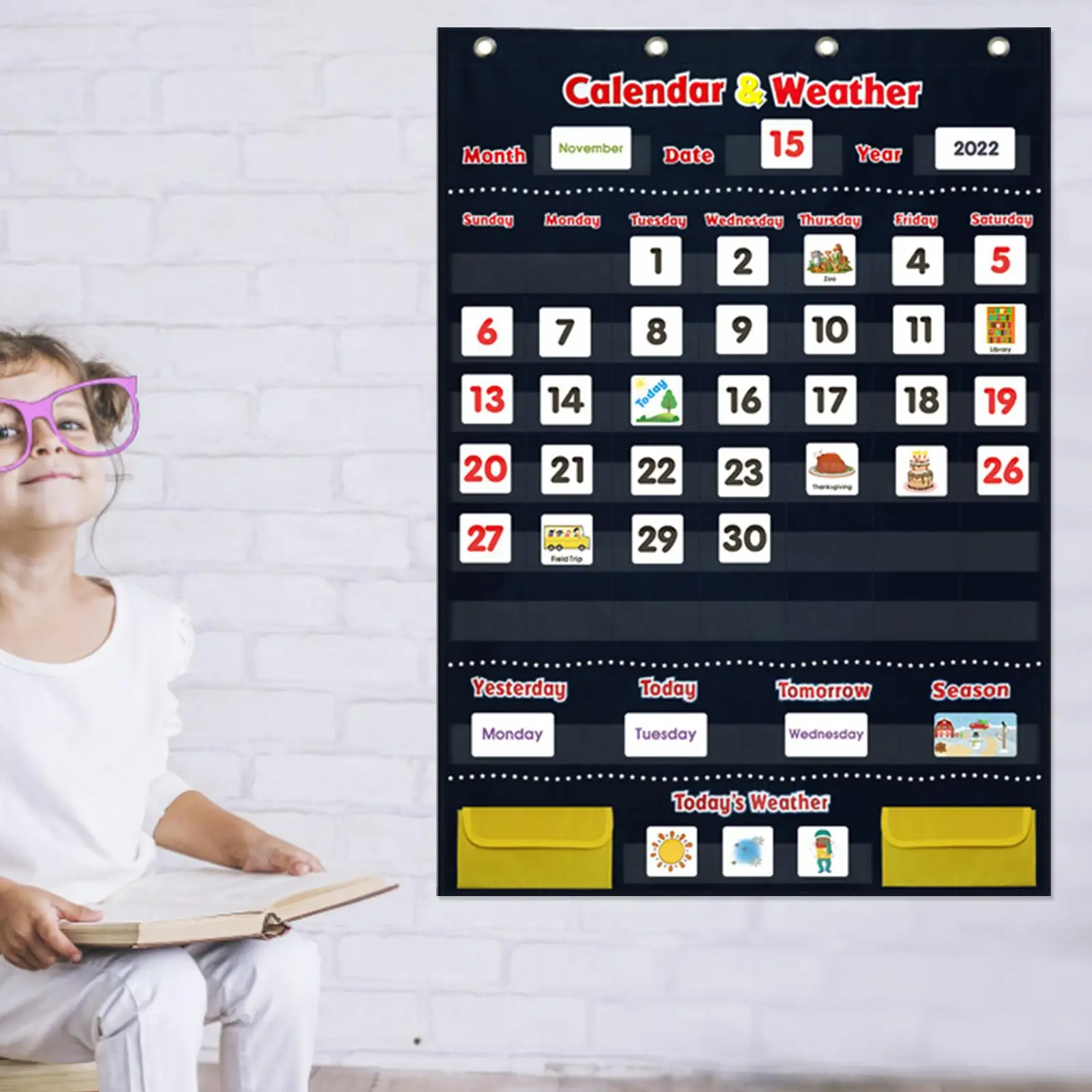 Calendar and Weather Pocket Chart Wall Calendar for Kids Ages 4-8