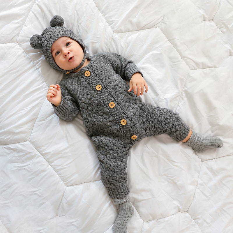 Infant Neugeborenen Baby 2PCS Winter Warme Outfits, Lange Ärmel Einfarbig Gestrickte Romper + Bär Hut Set – Detail 3