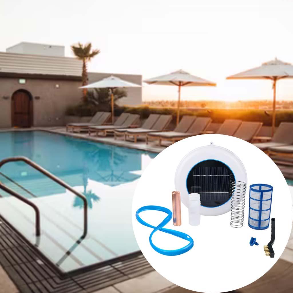 Solar energy swimming pool ionizer generate ions reduce greenhouse emissions