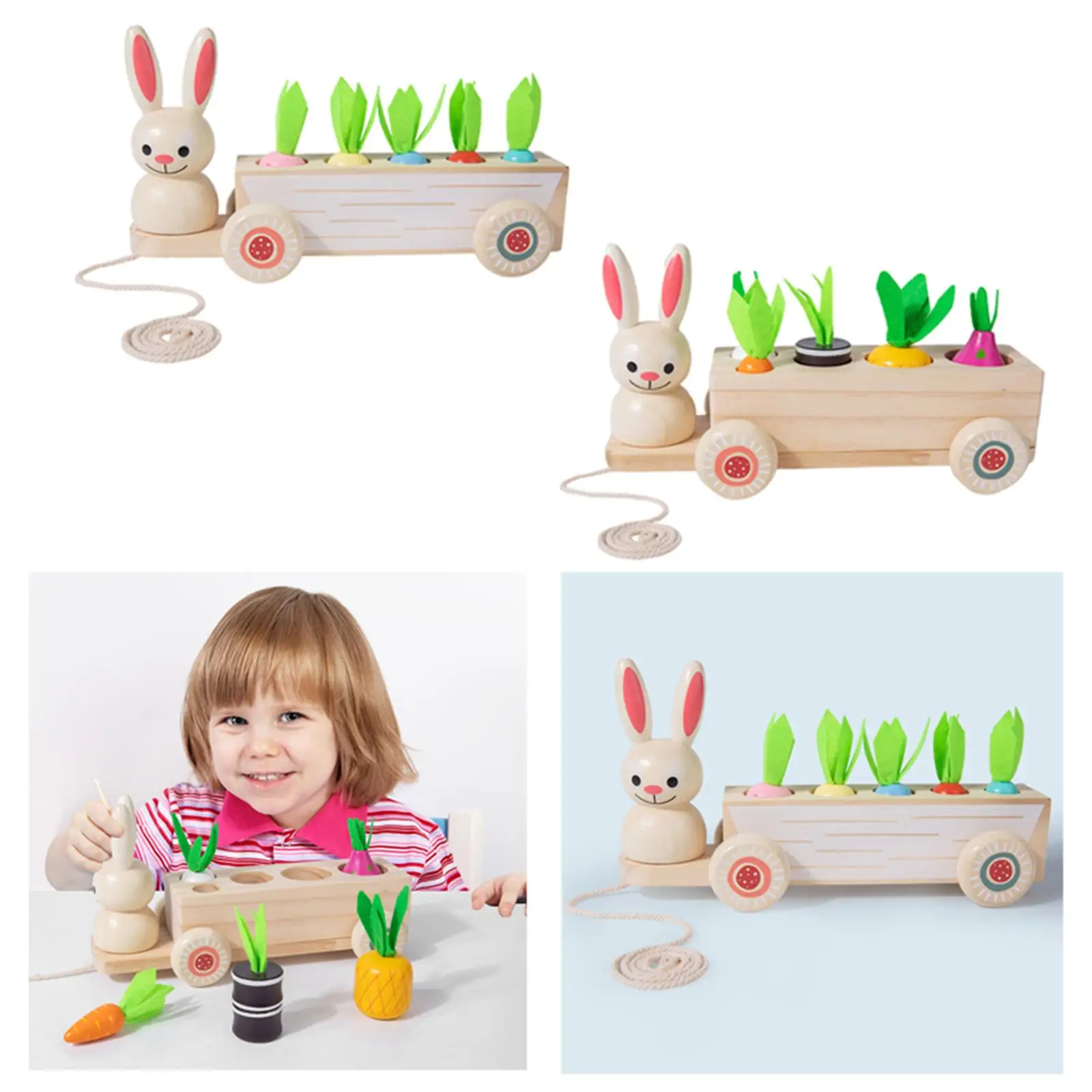 Baby Montessori Toys Wooden Block Happy Farm Pulling Carrot Shape Matching Size Cognition Montessori Educational Toy Gift Kids