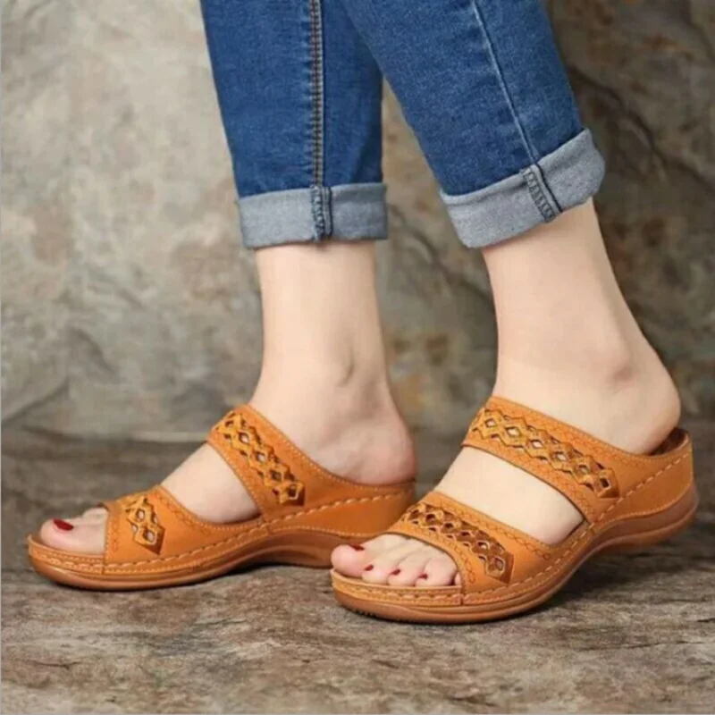 Women Wedge Sandals Premium Orthopedic Open Toe Sandals Summer Vintage Anti-slip Leather Bohemia Style Casual Beach Shoes