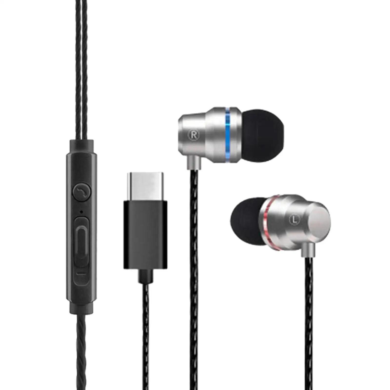 USB C Volume Control Headphones Wired In-ear HiFi Stereo Earbuds with Mic