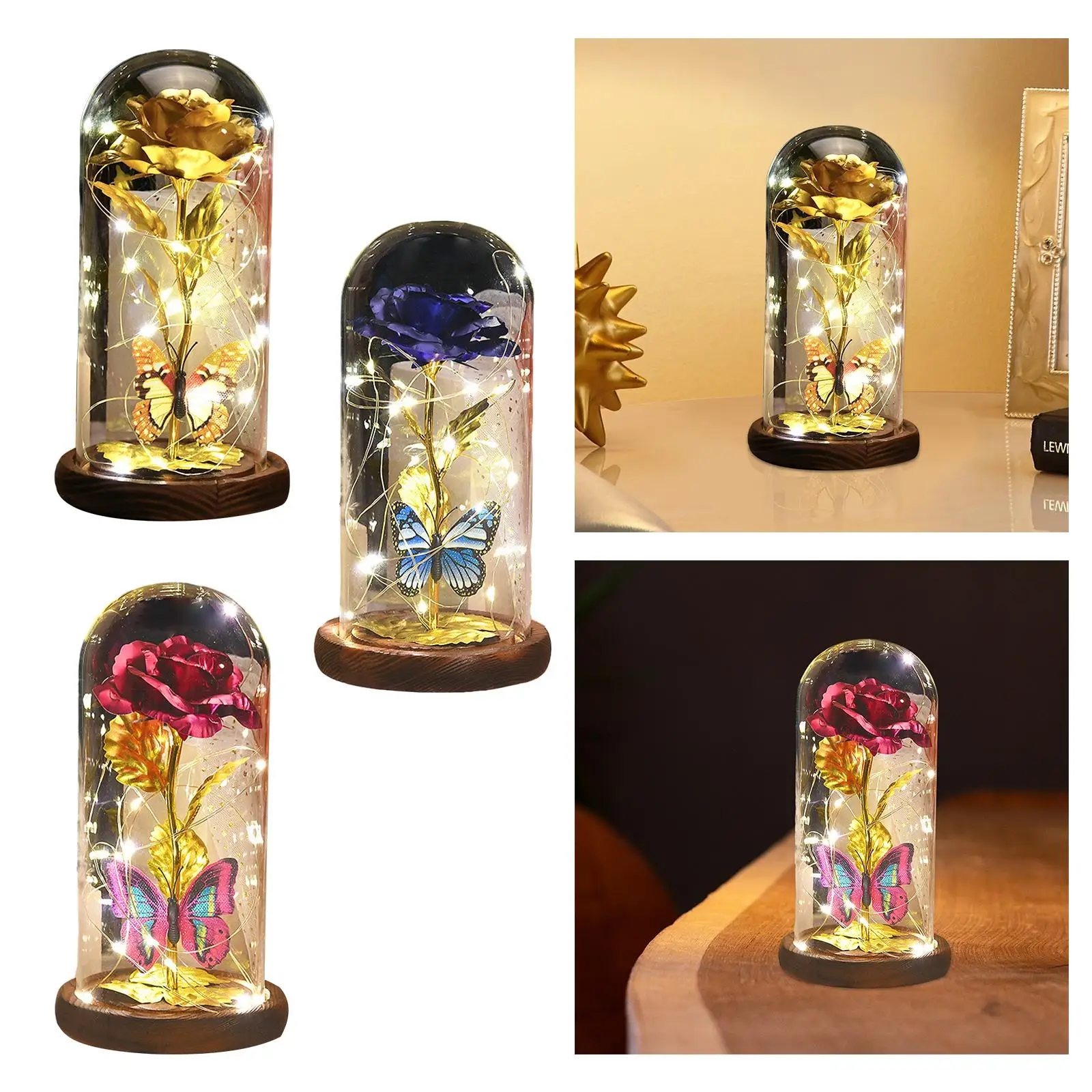Glass Rose Flower Gift LED Rose Butterfly Lamp Bedside Light Rose Flower Gifts