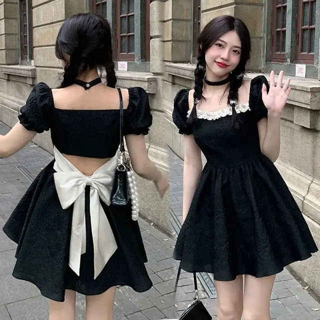 Vestido feminino fino estudantes diário a linha verão estilo coreano kawaii  retalhos moda simples casual puff manga retro acima do joelho - AliExpress