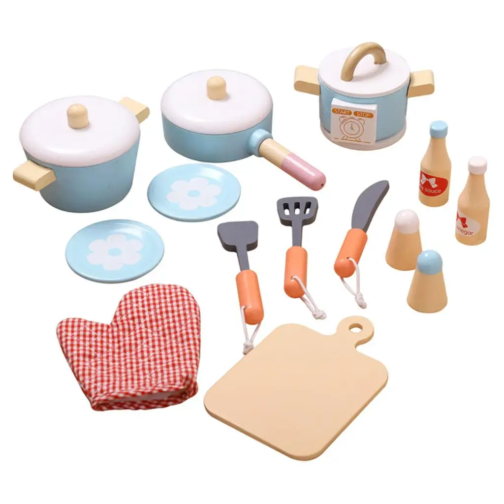 14Pcs Wooden Pretend Toy Food Set, Cookware and Accessories for  Kitchen