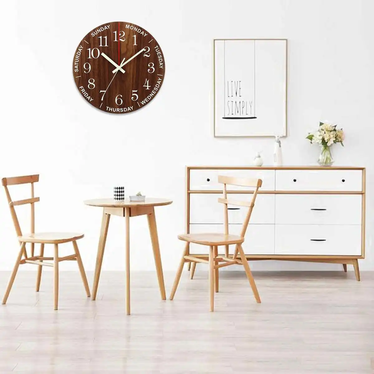 12 Inch 3D Luminous Wall Clock Creative Wood Round Clock Nordic Minimalist Week Watch Clocks Mute Quartz Wall Clock Home Decor