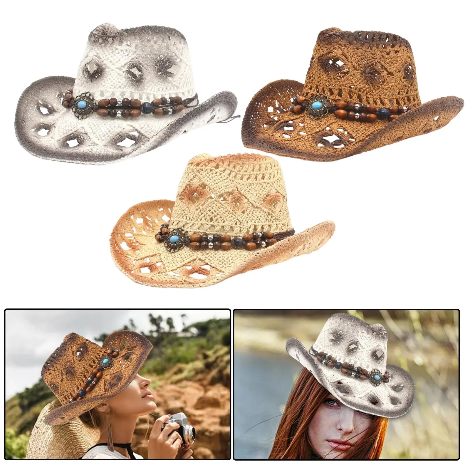 Straw Cowboy Hat Western Shapeable Sombreros Vagueros Sunscreen Hat Sun Hat Couple Hat Cowgirl Hats for Festival Outdoor Summer