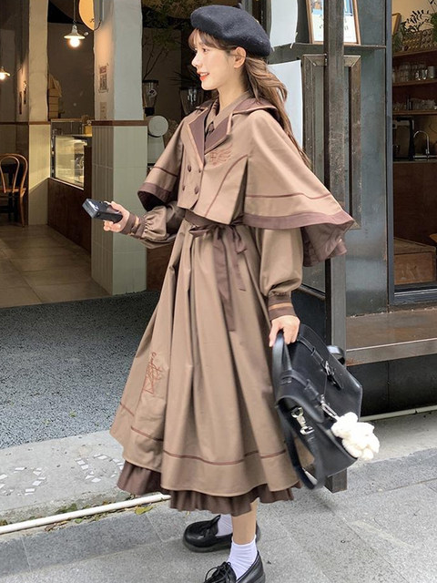 Xgoth Large Size Dress Suits Jk Uniform V-neck Cape Short Cloak + Autumn  Winter Shirt Dress Chic Women High Waist Lolita 2pc Set