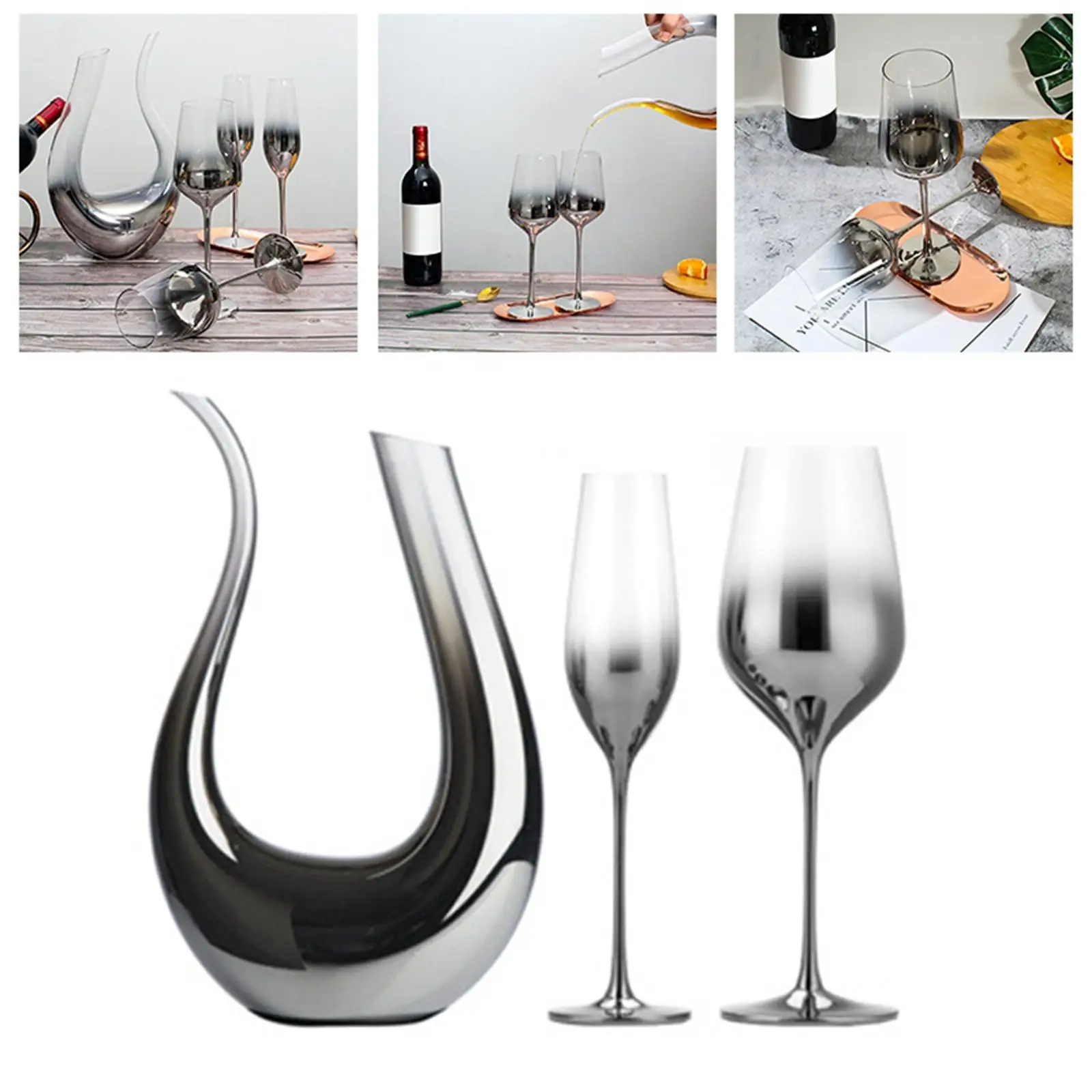 Crystal Glass Electroplating Silver gray Gradient American Red Wine Glass Metal Goblet U shaped Decanter Wine Cup