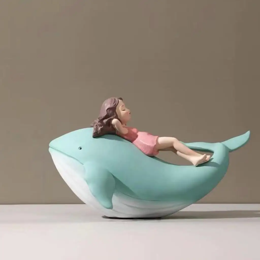 Nordic Style Girl and Whale Statue Ornament Resin Craft Lovely Animal Figurines for Home Decor Living Room Bedroom Office Decor
