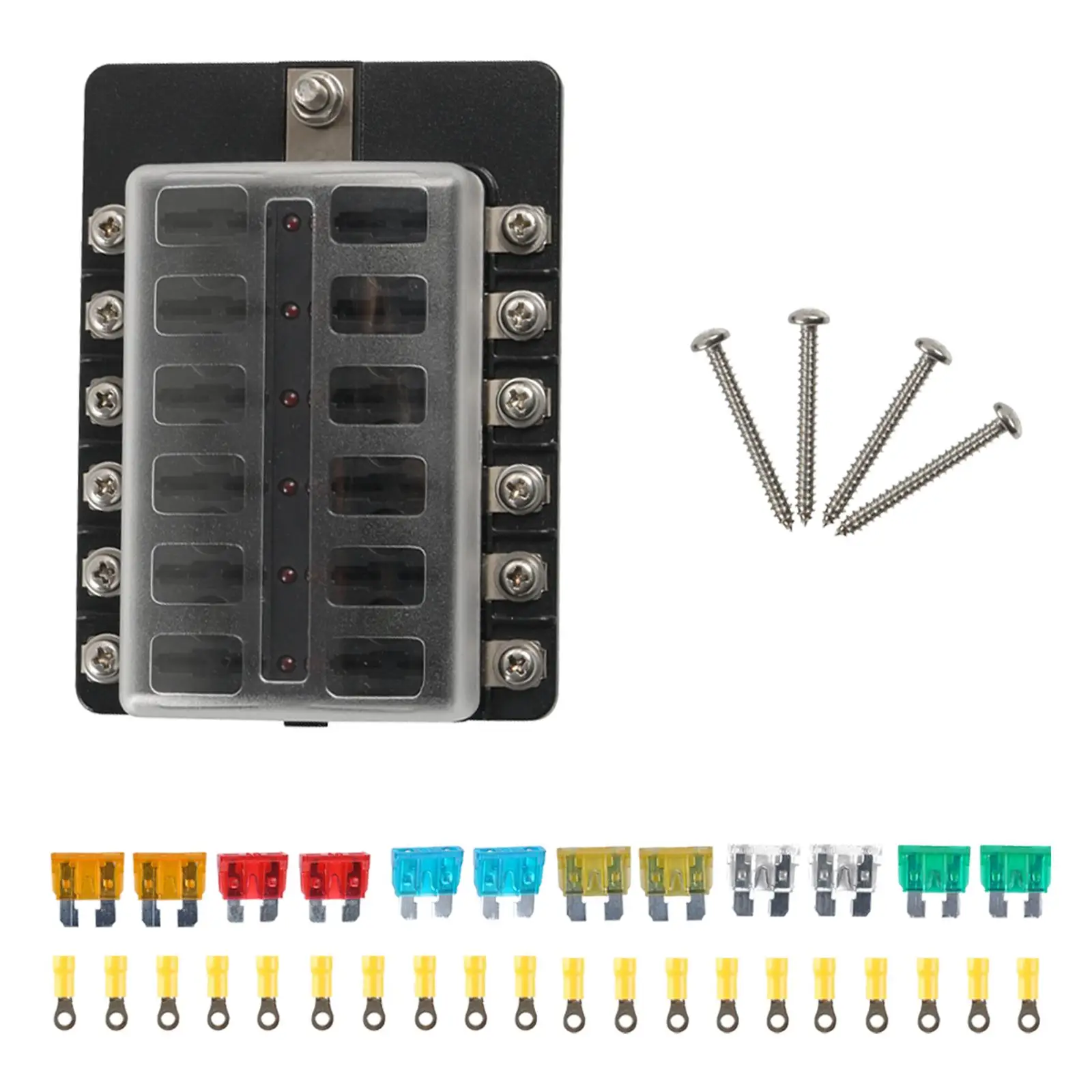12 Way Blade Fuse Block with 12 Pcs Fuses Bolt Terminals with LED Indicator 12 Circuit Fuse Box Holder Fit for Truck Car Marine