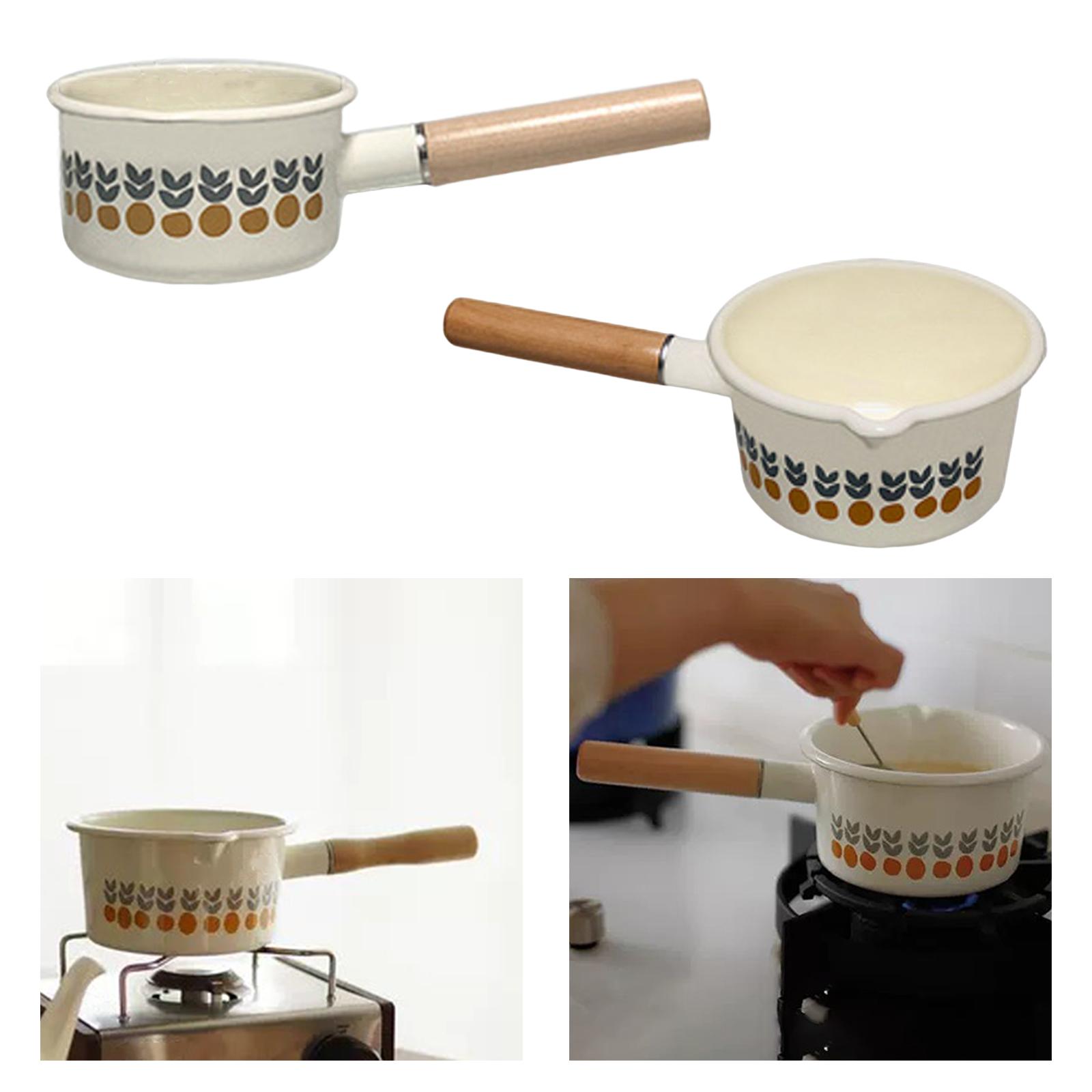 Enamel Milk Pot with Pour Spout Cooking Saucepan with Wooden Handle Butter Warmer for Soup Milk Heating Instant Noodle Gas Stove