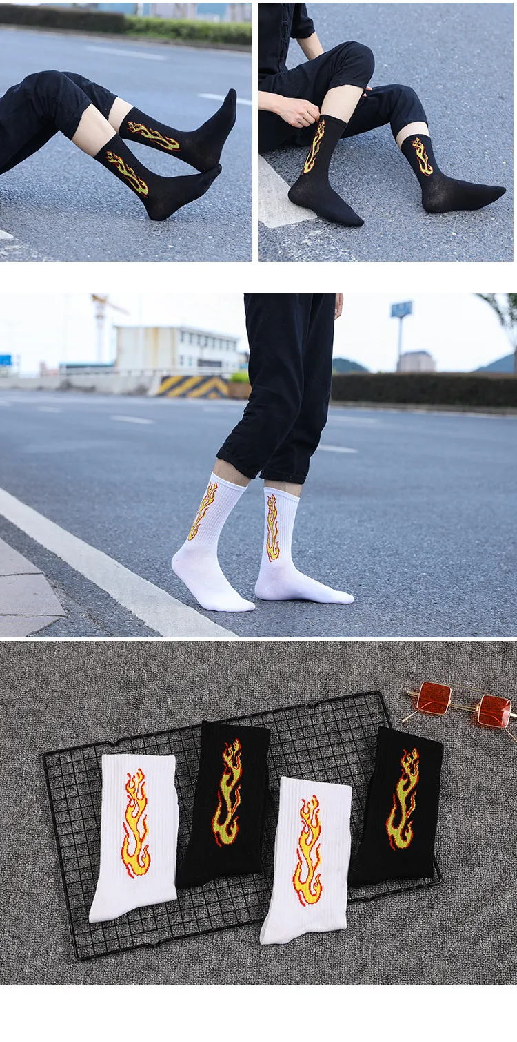 1 Paar neue Trend der Herrensocken Schwarz Weiß Burning Flame Hip-Hop Blaze Power Torch Hot Streetwear Skateboard – Detail 7