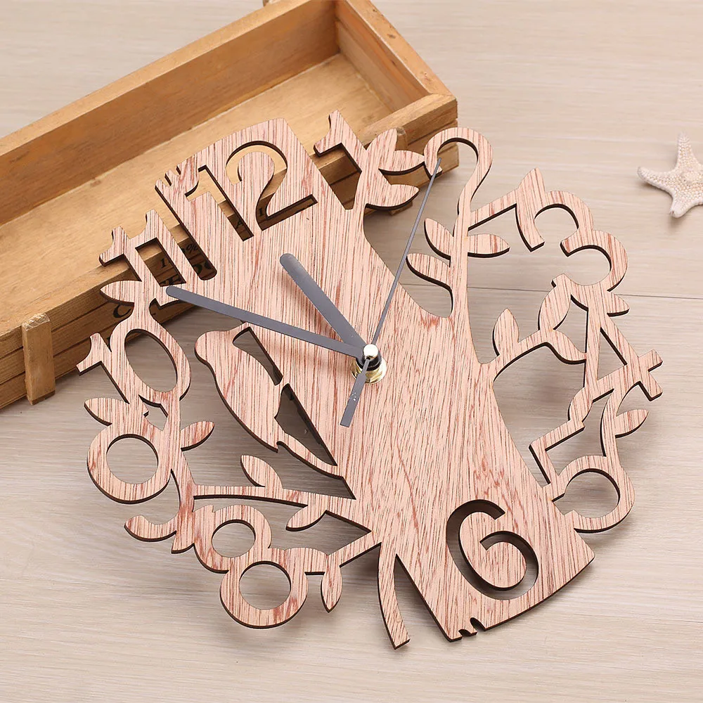Wooden Tree Shape Wall Clock Hanging DIY Round Watches Battery Operated for Office Living Room Home Decoration Supplies fancy wall clock