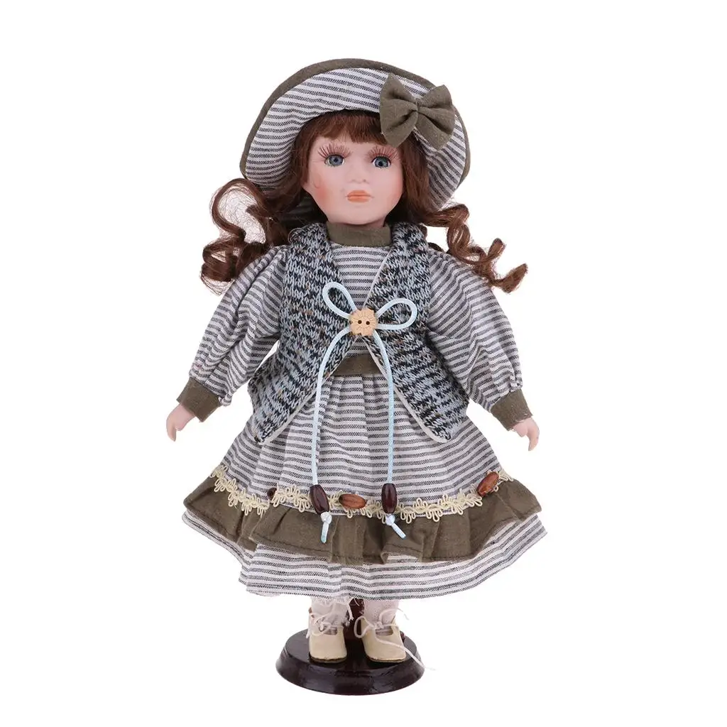 30cm Lovely Porcelain Girl Doll with Clothes Gray &  Display Decor
