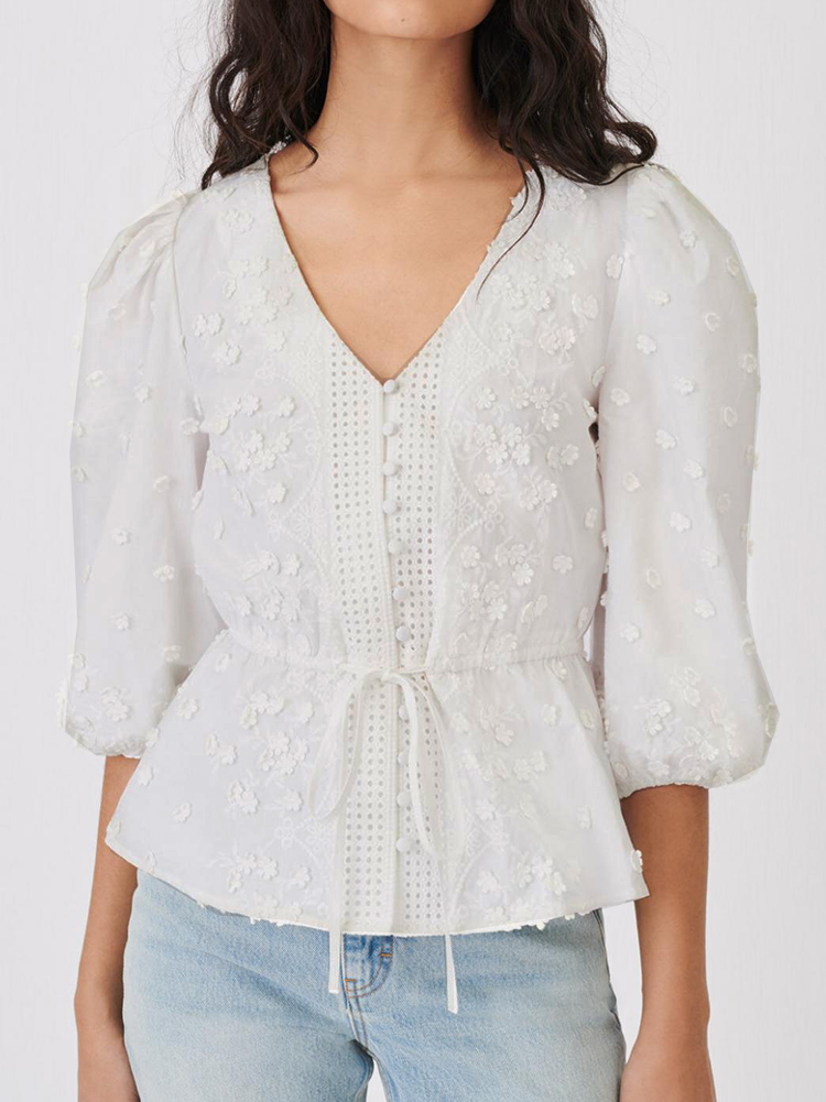 gypsylady floral emmboidery chique blusa camisa elegante branco verão feminino blusa manga sopro oco para fora escritório senhoras topo