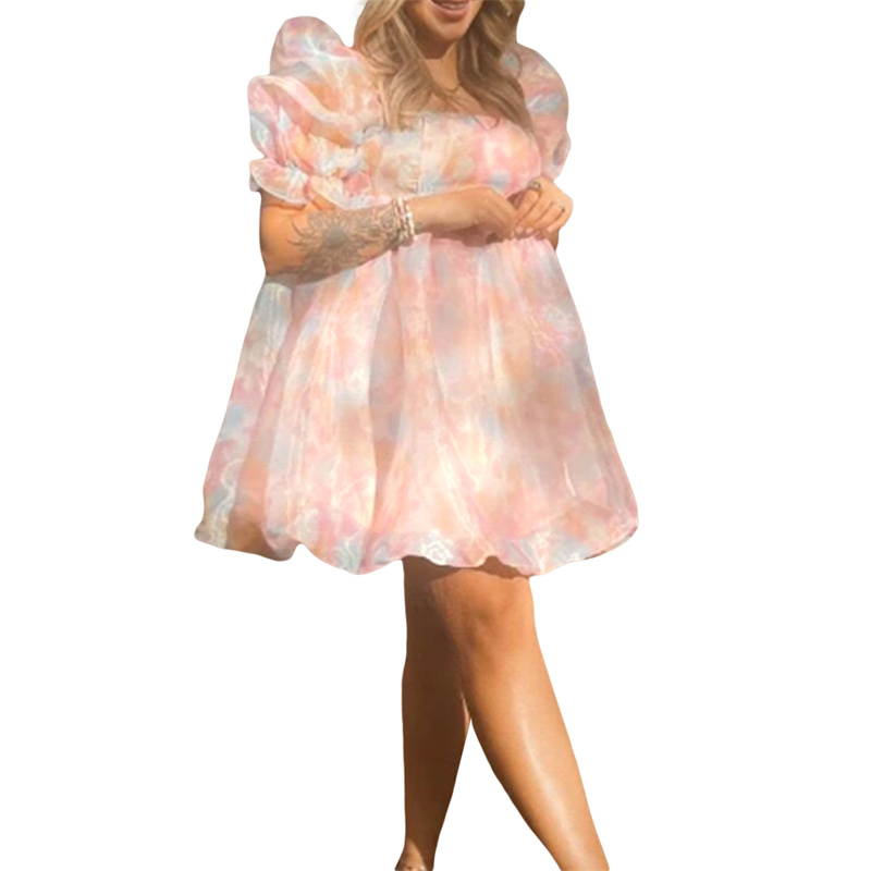 Fairy Mesh Dress y2k Women Aesthetic Gradient Color Puff Sleeve Princess Dress Square Neck Short Prom Party Dresses