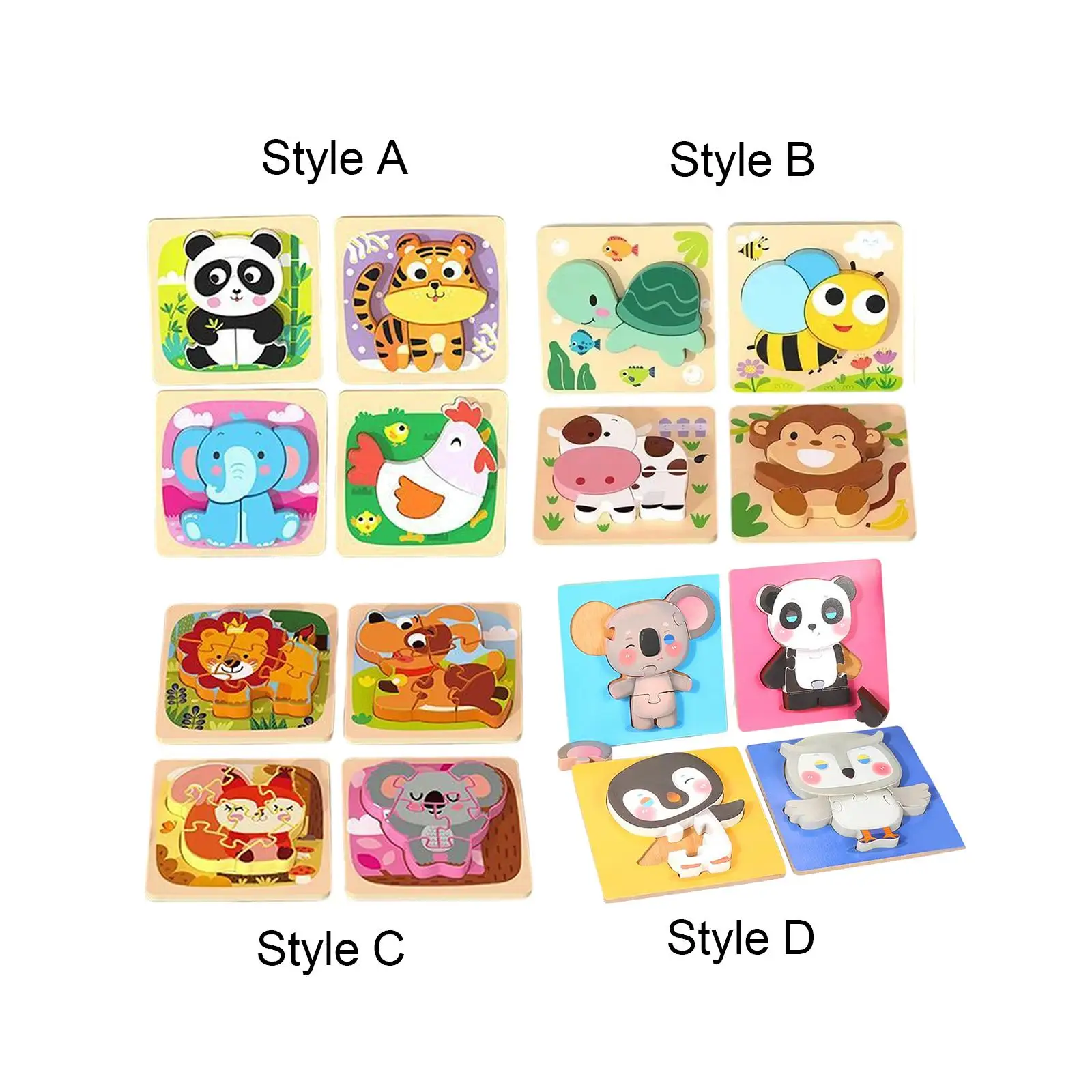 4x Wooden Animal Puzzles with 4 Animal Models Developmental Toy Wooden Crafts Animal Shaped Puzzles for Birthday Gifts