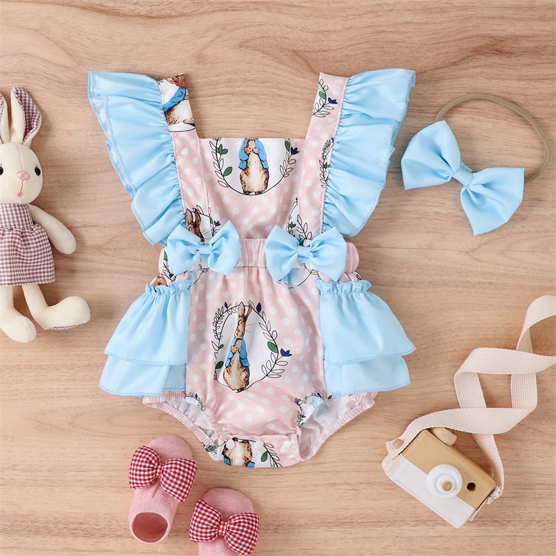 Ostern Infant Baby Mädchen Strampler Dot Kaninchen Druck Square Neck Fly Hülse Rüschen Backless Baby Bodys mit Bogen Stirnband – Detail 2