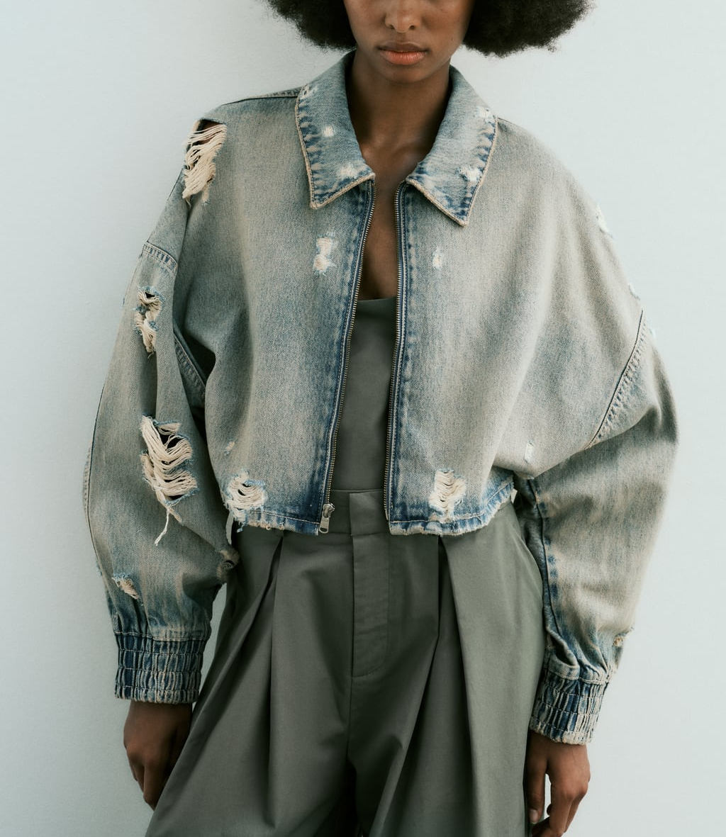 Women's Ripped Crop Denim Jacket Autumn New Lapel Long Sleeves Dropped Shoulders Washed Effect Rips Zip Cropped Jacket_voghion.com