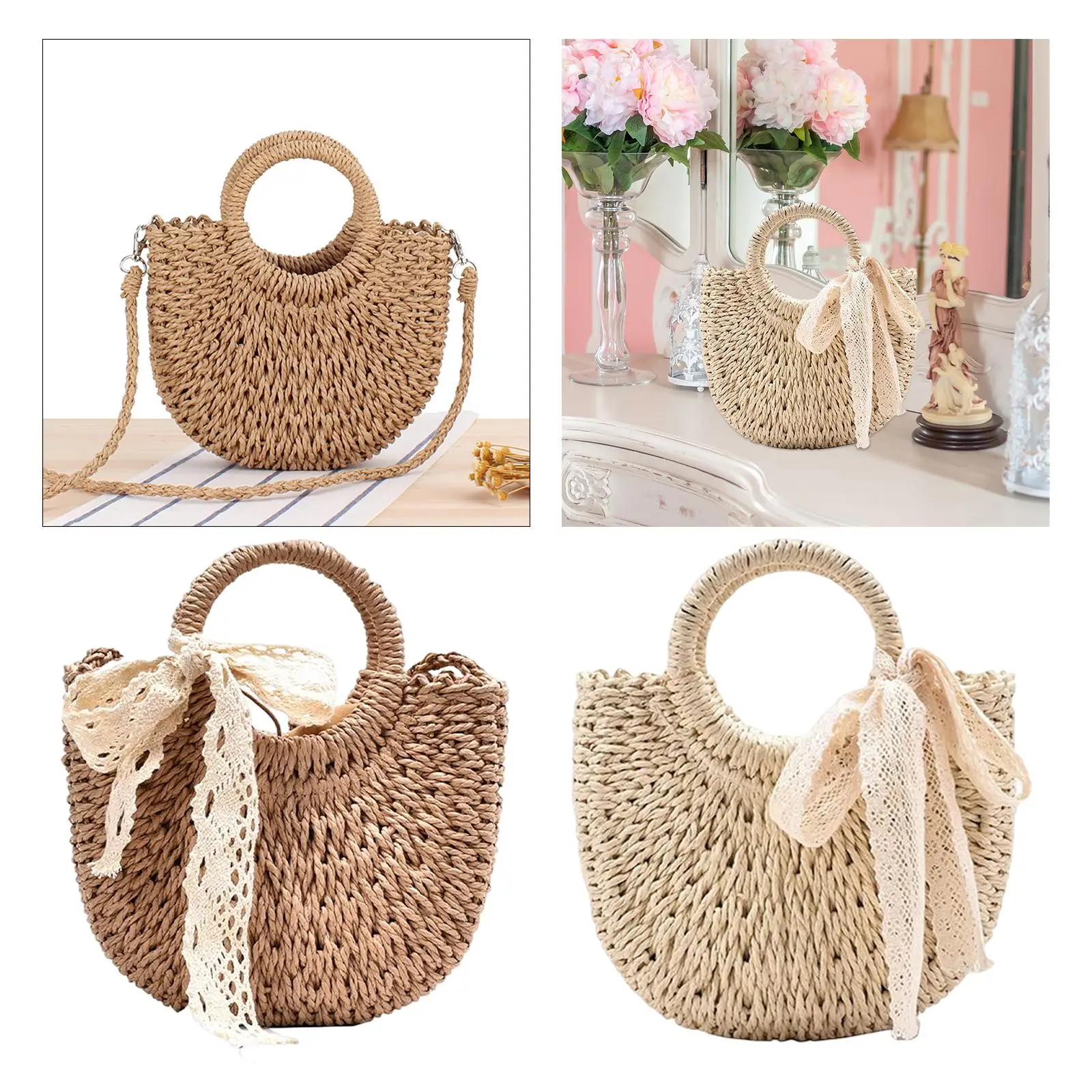 Summer Straw Bag Big Capacity with Handle Woven Handbag Shoulder Bag with Lace Basket for Casual Shopping Vacation Beach Travel