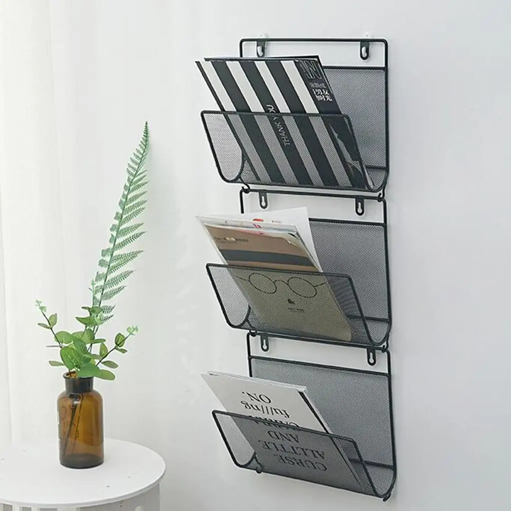 Wall Mounted File Holder Hanging Mesh Metal Basket Wire Magazine Rack Shelf with Accessory Hooks Name Tags