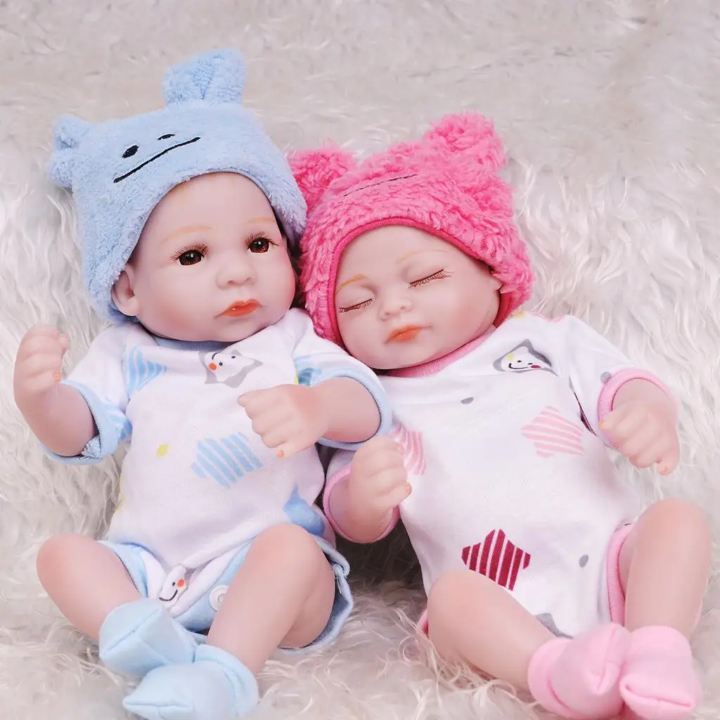 Realistic Baby Twins Toddlers Reborn Doll with Cute Clothes Hat and Carpet, Eco-friendly Silicone 11 Inch, White Skin 