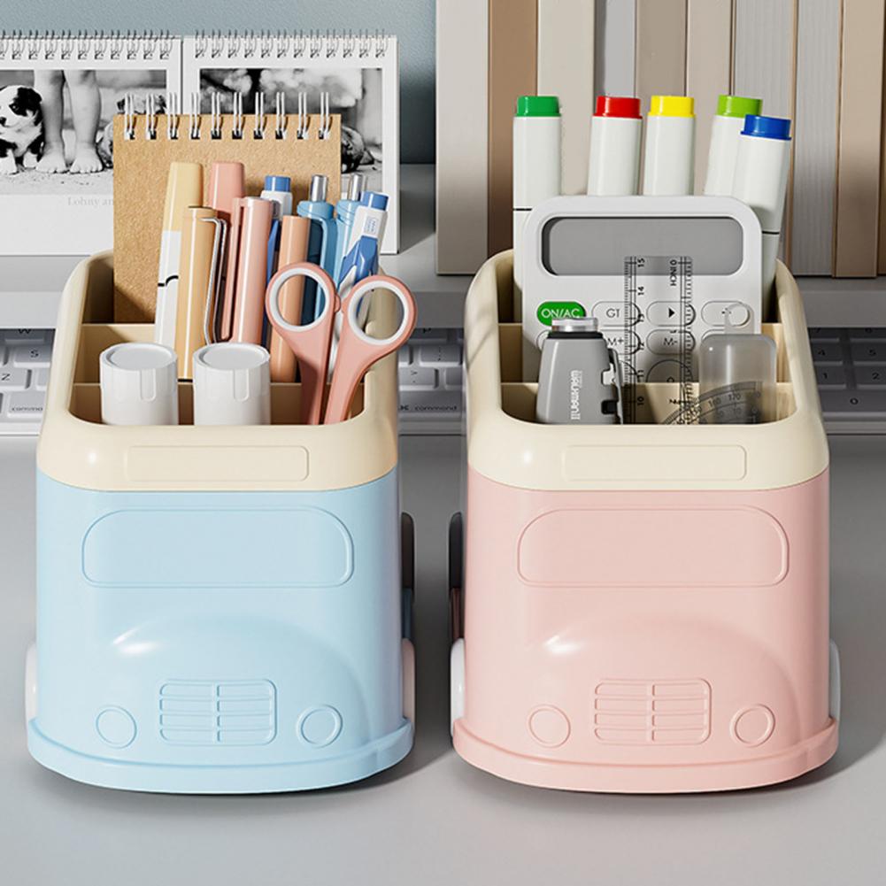 Desktop Pen Holder 3 Compartments Cute Bus Shape Multifunctional Stationery Pencil Organizer Container Storage Box