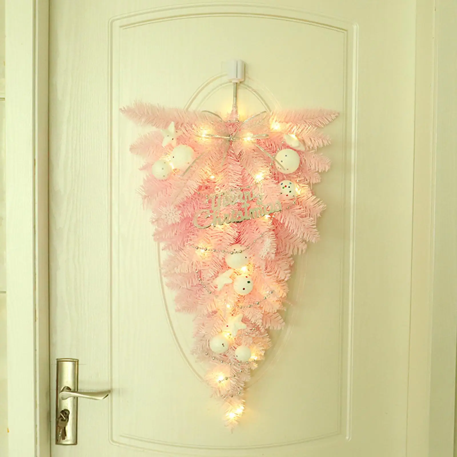 Christmas Pink Upside Down Tree with Light Decoration Length 57cm Xmas Wreath for Front Door Exquisite Multipurpose Durable
