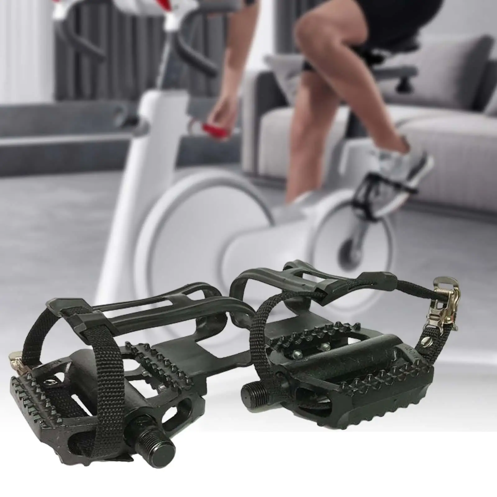 1 Pair Exercise Bike Pedals with Adjustable Straps 18mm Axle with Toe Cages for Cycling Gym Indoor Accessories Replacement