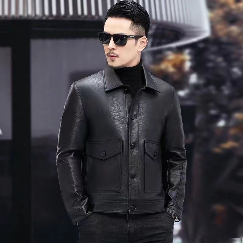 Description Picture 3 of item2023 Autumn Men Fashion Real Sheepskin Leather Jackets Male Slim Single Breasted Coats Men Short Genuine Leather Outerwear F296
