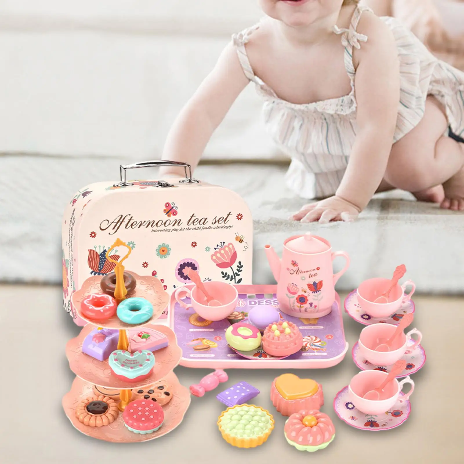 Tea Set for Little Girls Montessori House Accessories Dessert Teapot Dishes Playset for Age 3 4 5 6 Year Old Preschool
