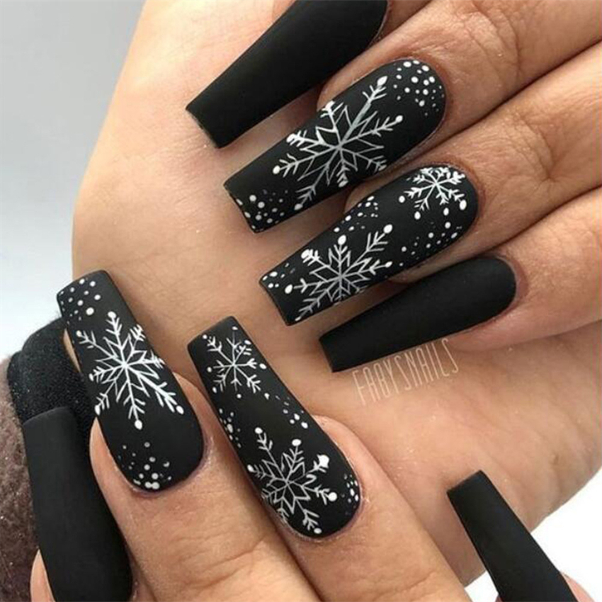 Best of 24Pcs / Set Christmas Collection Black Long Ballet Wearing False Nails Art Snowflake Press On Acrylic Nail Tips Hot Stick On Nails Reviews & Tips