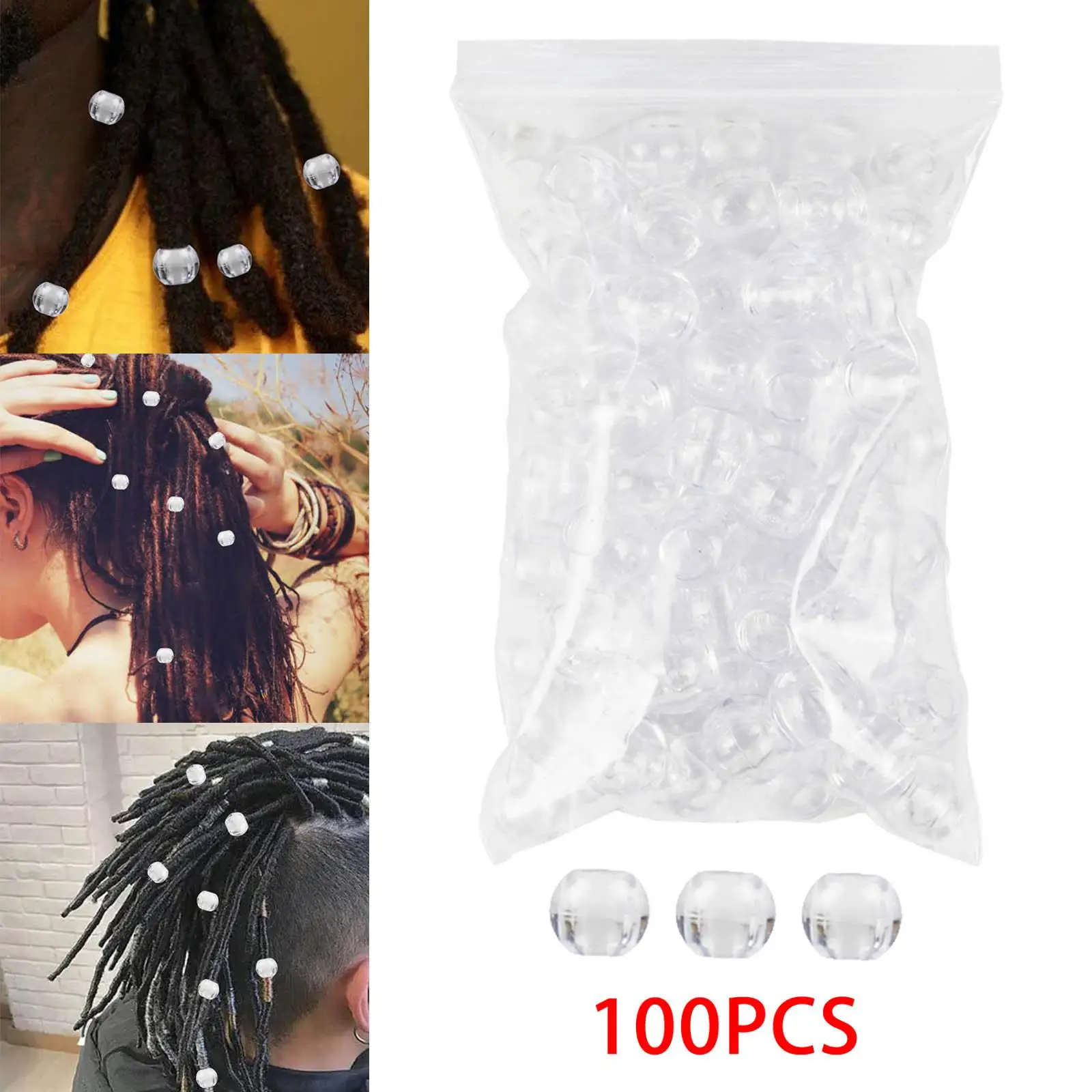 100Pcs Dreadlock Hair Beads 16mm Dia Big Hole Plastic Clear Hair Bead for Dreadlock Wig Jewelry Making Link Hair Wedding Adults