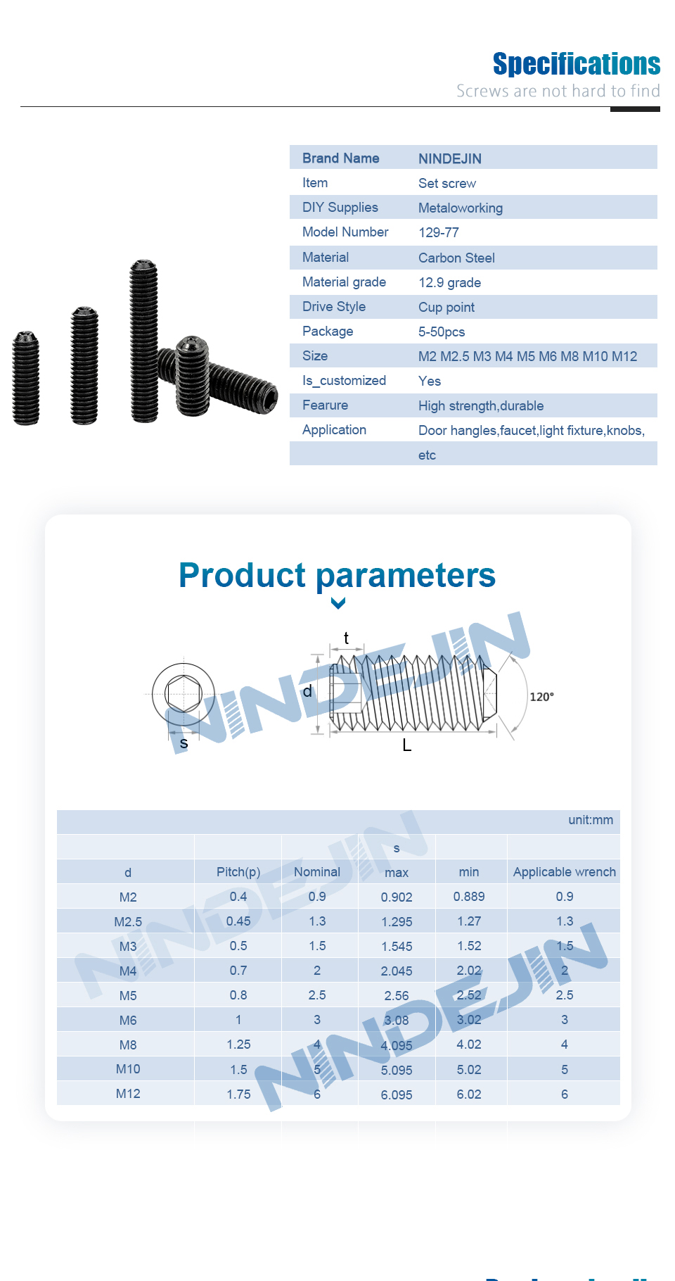 NINDEJIN Sechskant-Innensechskantschraube, Gewindestift, Madenschraube, M2, M3, M4, M5, M6, M8, M10, M12, 12,9, Kopfschraube aus Kohlenstoffstahl, DIN916 – Detail 4