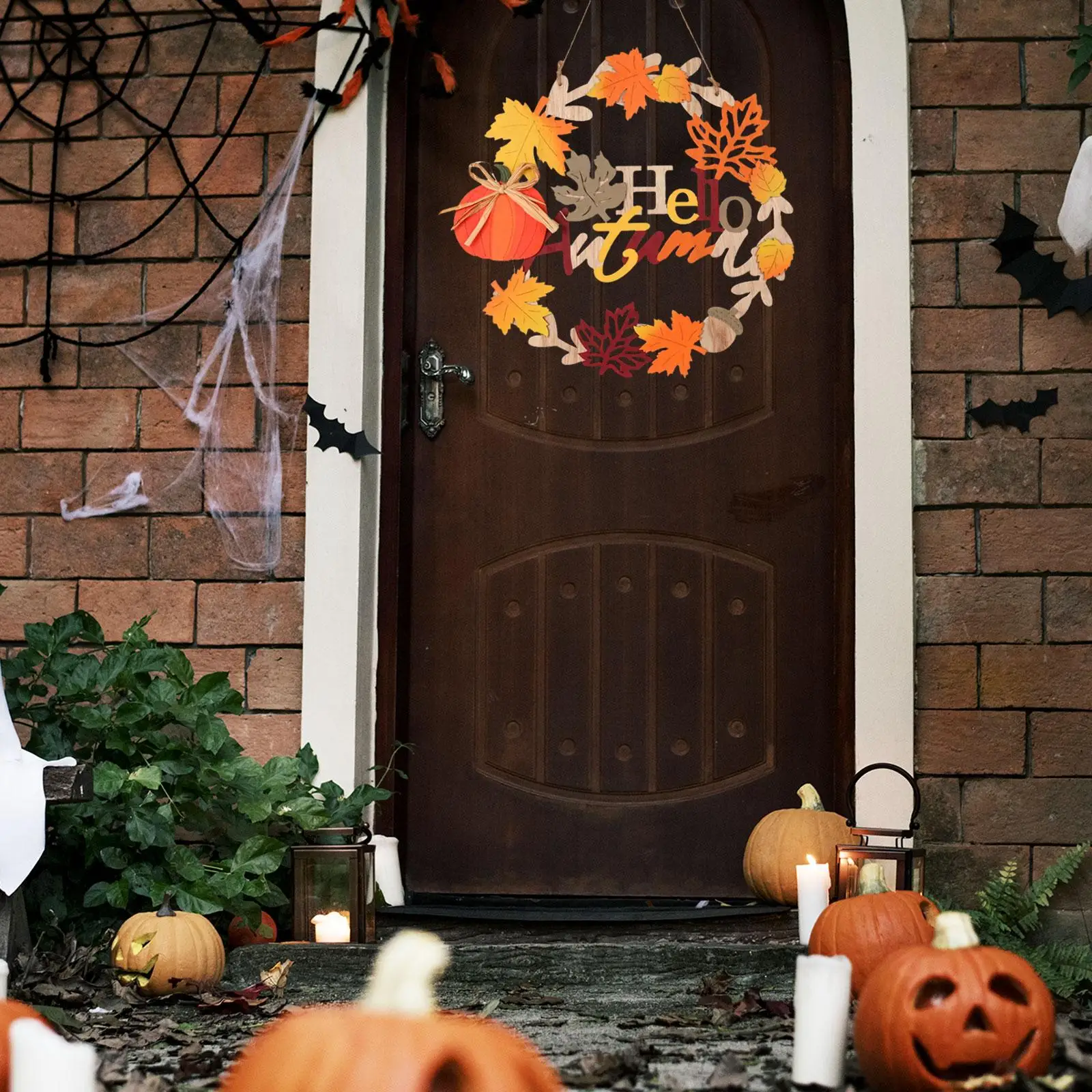 12inch Front Door Wooden Autumn Pumpkin Wreath Realistic Durable Versatile Hanging Ornament Welcome Sign for Fireplaces Decor