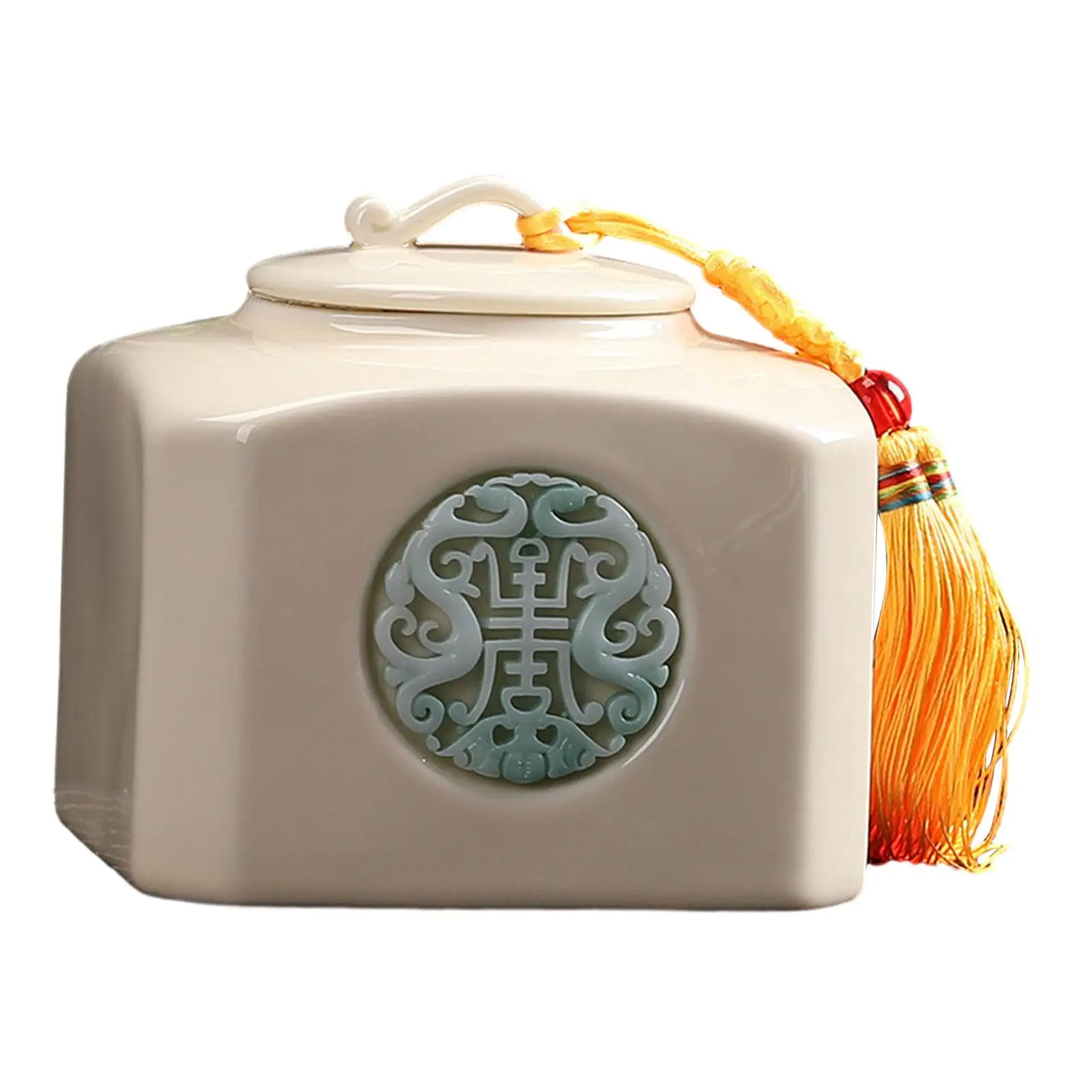 Ceramic Tea Container Porcelain Tea Canister Traditional Food Storage Jar Loose Tea Tin Tassel Pendant for Office Restaurant