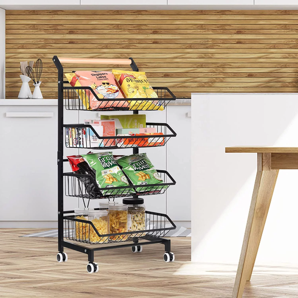 4 Tier Fruit Vegetable Storage Basket Rolling Cart With Handle And Wheels, Black