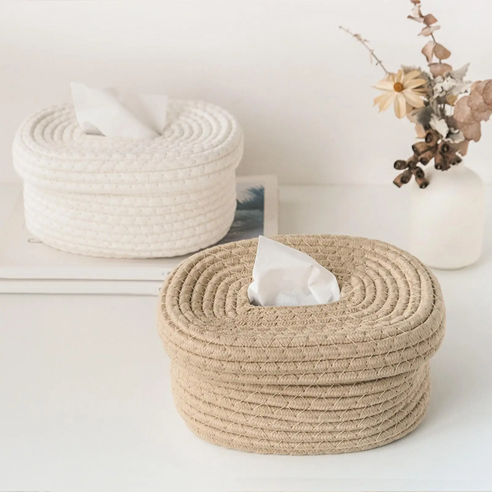 Oval  Rope Woven Paper Facial Tissue box for Dresser Living Room Stylish Functional Indoors Outdoor 21x16.5x10.5cm Handmade