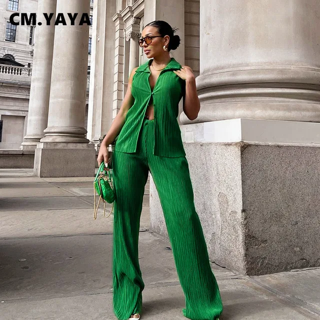 CM.YAYA Women's Set Sleeveless Shirt Tops and Wide Leg Pants Suit Pleated  Tracksuit Two Piece Set Sweatsuit Fitness Green Outfit