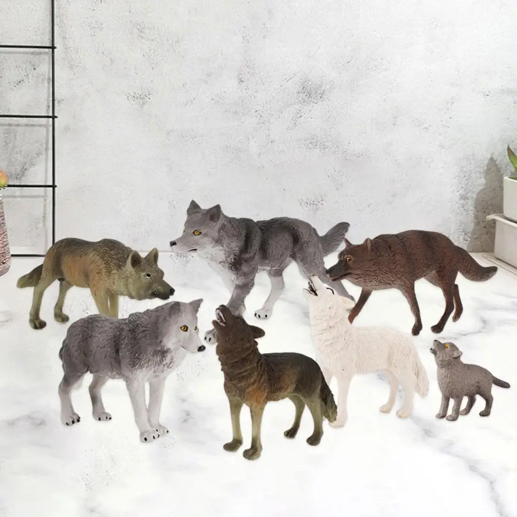 7 Pieces Wolf Figurine Toy Preschool Toy Tabletop Decoration Miniature Wolf Animal Model Jungle Animal Set for Ages 3+