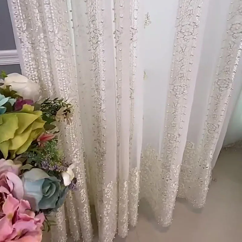 European Luxury Stripe Embroidered Pearl Tulle Curtains Lace Sheer Curtains For Living Room Bedroom Villa Home Decor