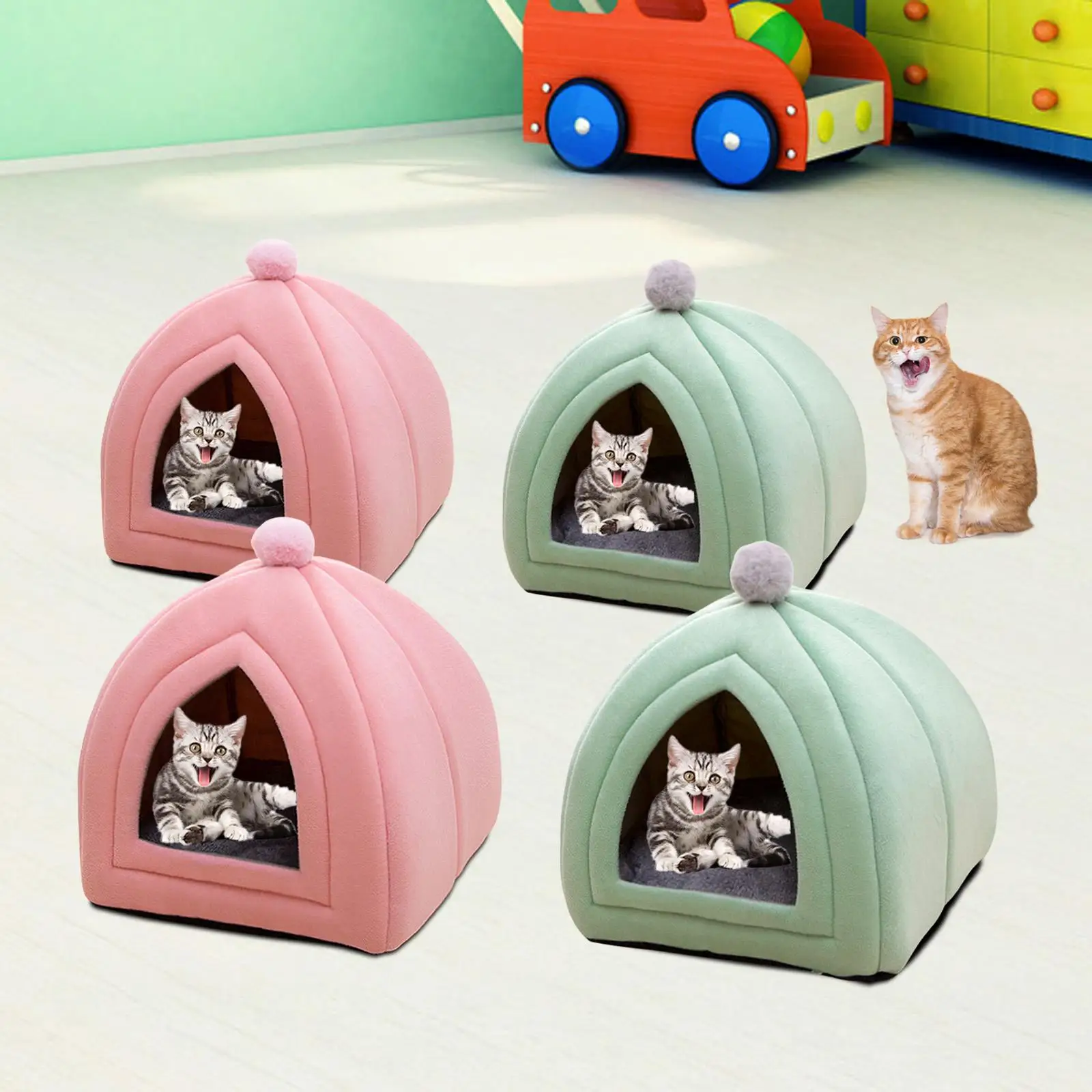 Cat Bed with Removable Cushion Puppy Kennel Winter Small Dog House Velvet Semi