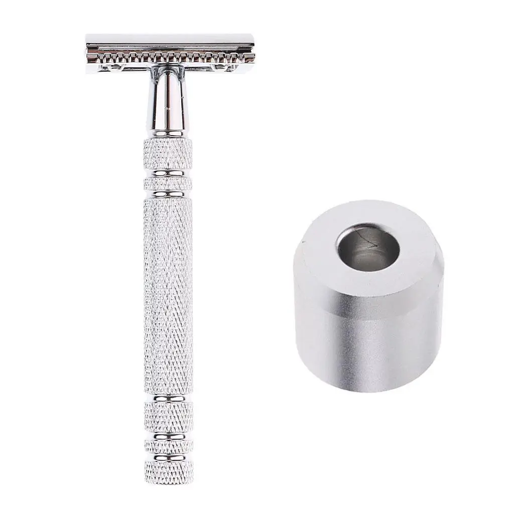 Set of 2 Pieces Men Barber Bathroom Salon Double Edge Safety Shaving Shaver with Stand Holder Base Kit - Space-Saving