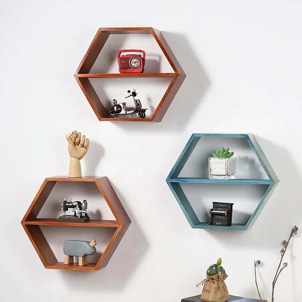 Rustic Wood Floating Shelves, Hexagon Decorative Wall Shelf for  and 