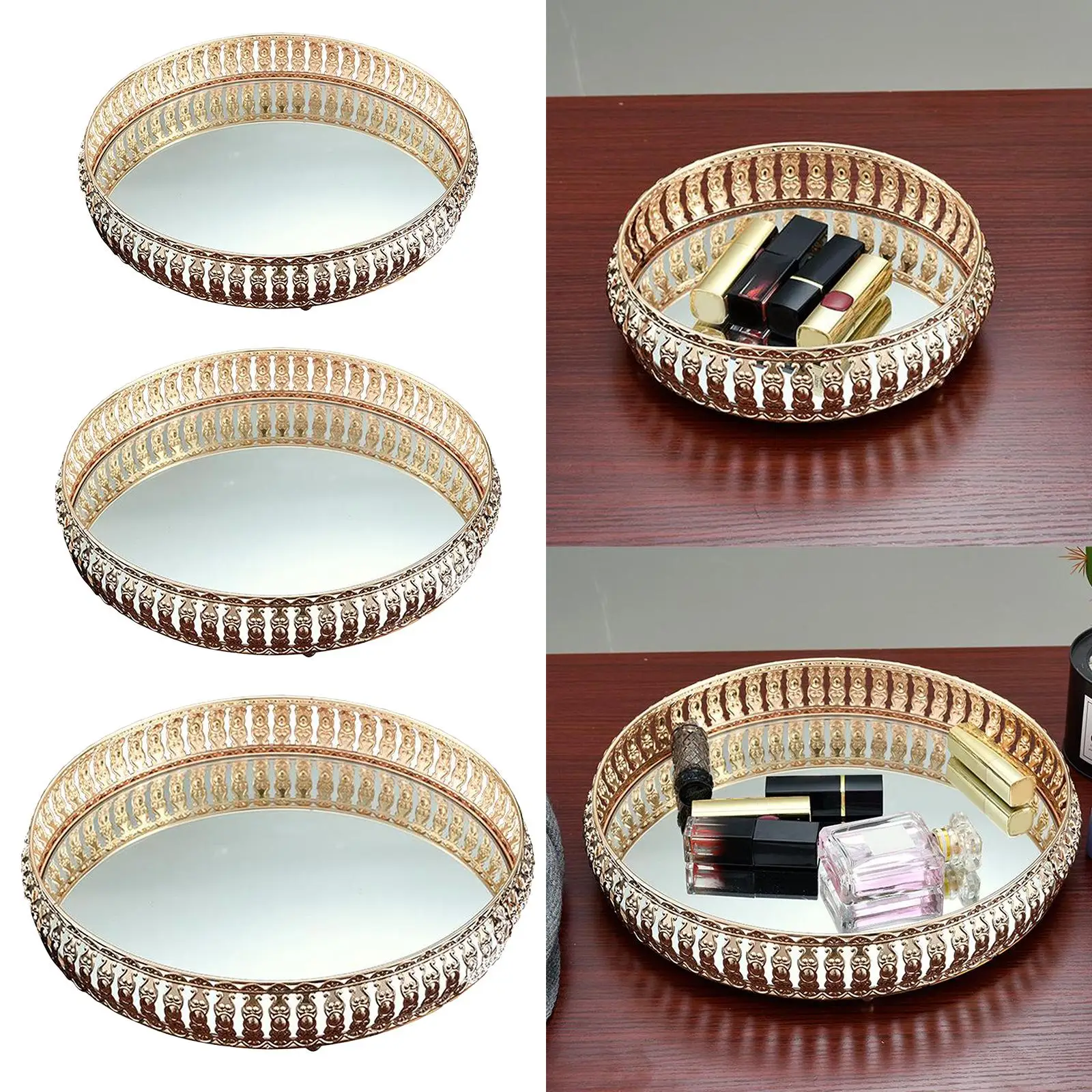 Round Mirrored Crystal Iron Cosmetic Perfume Organizer Tray Cake Display Decor
