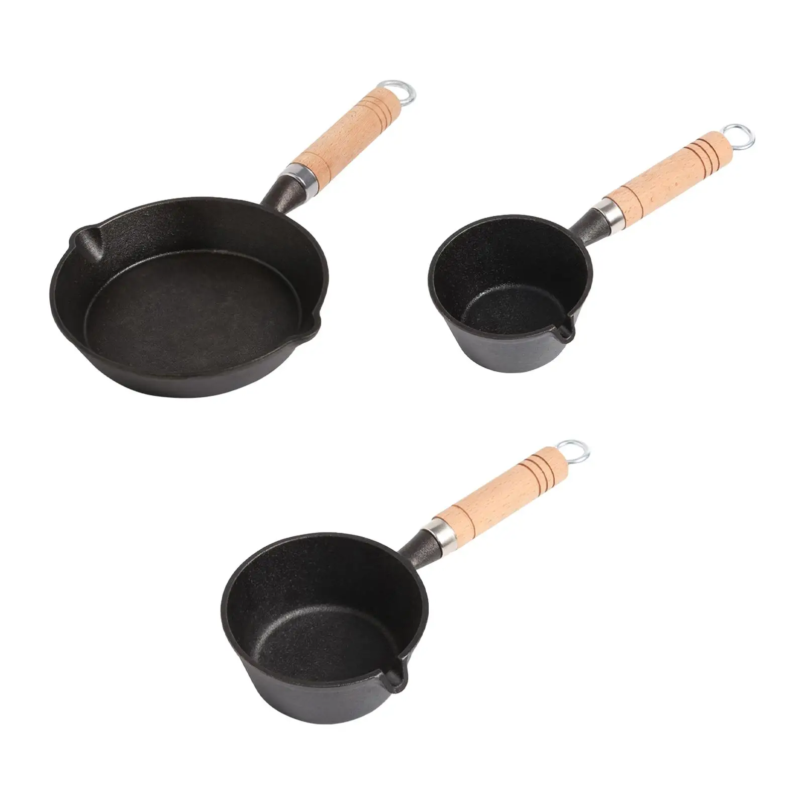 Mini Cast Iron Skillet Pan Small Omelette Pan Cooking Pan Portable Black Durable Double Sided Pouring Spout Design Wooden Handle