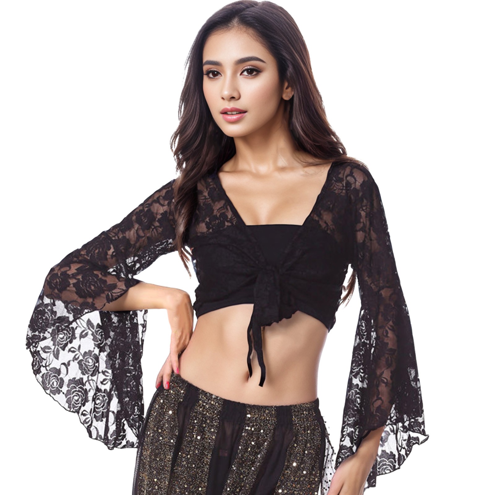 Description Picture 4 of itemWomen Belly Dance Costume Lace Tops Floral Long Sleeve Wrap Carnival Top Outfits Club Party Lace Long Sleeved Cardigan Shawl