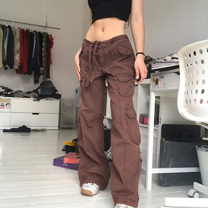 denim capris 2022 New European and American Street Hipster Women's Casual Loose Drawstring Belt High Waist Pocket Gray Wide Leg Trousers capri leggings