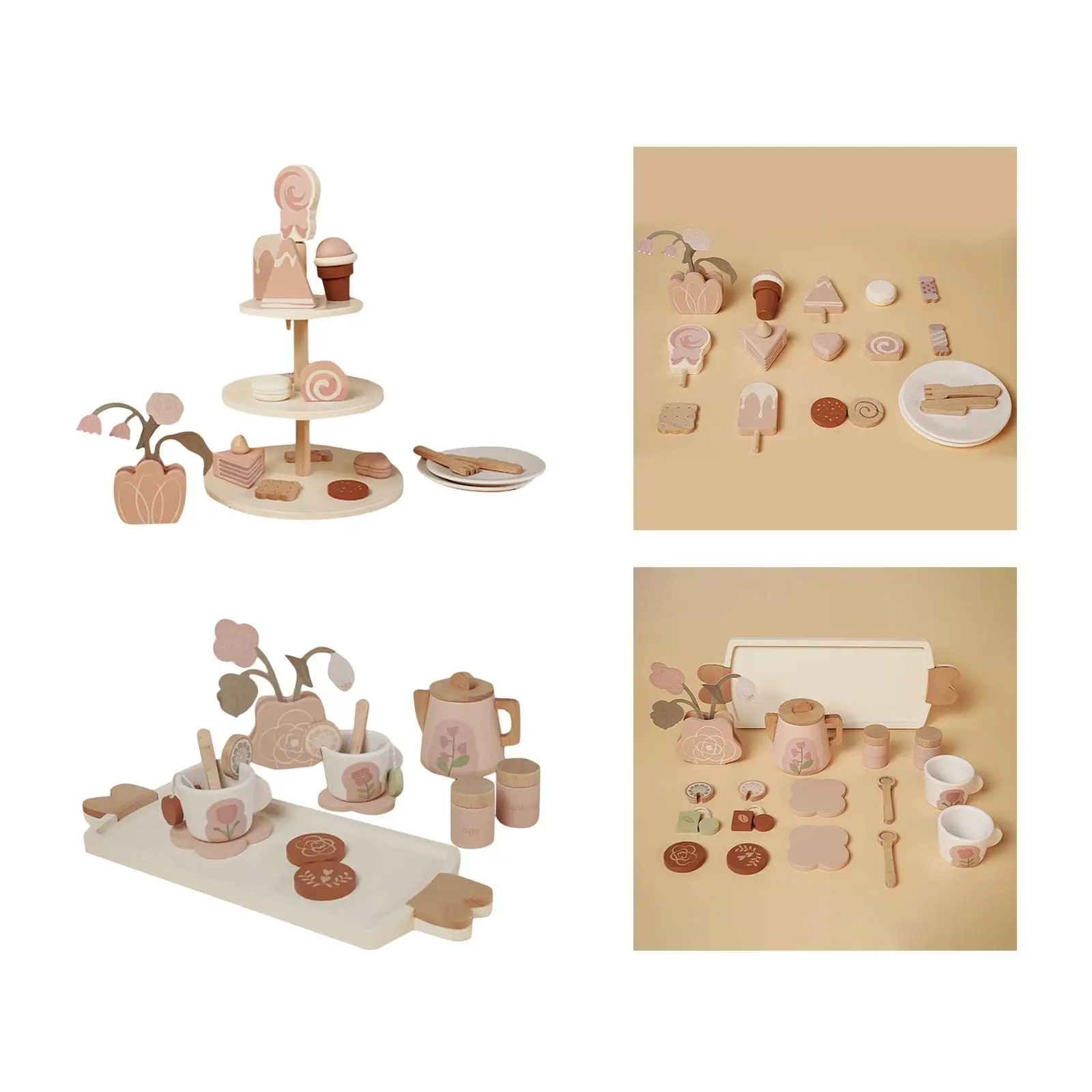 Wooden Afternoon Tea Set Toy Pretend Play Kitchen Toys Kitchen Accessories Dessert Playset Mini Toys Girls tea toy for Toddlers